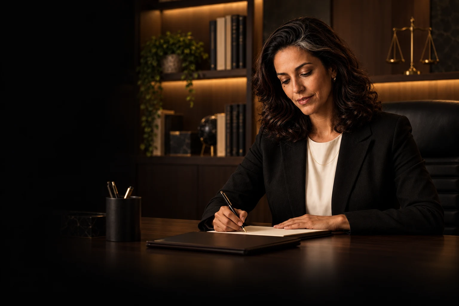 Helena Valença analisando documentos em seu escritório