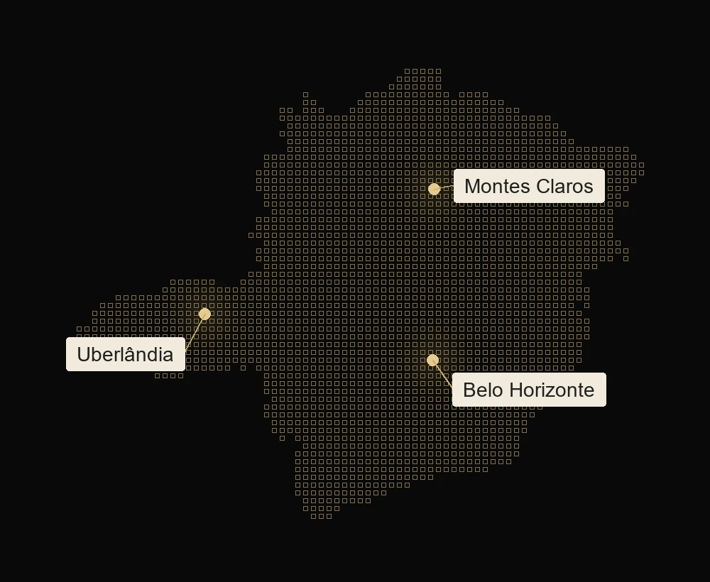 Mapa de Minas Gerais com Montes Claros, Belo Horizonte e Uberlândia em destaque