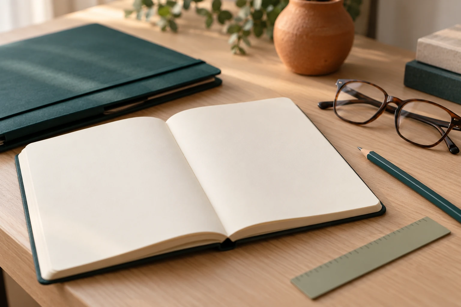 Caderno aberto, óculos e pasta sobre mesa, para planejamento previdenciário