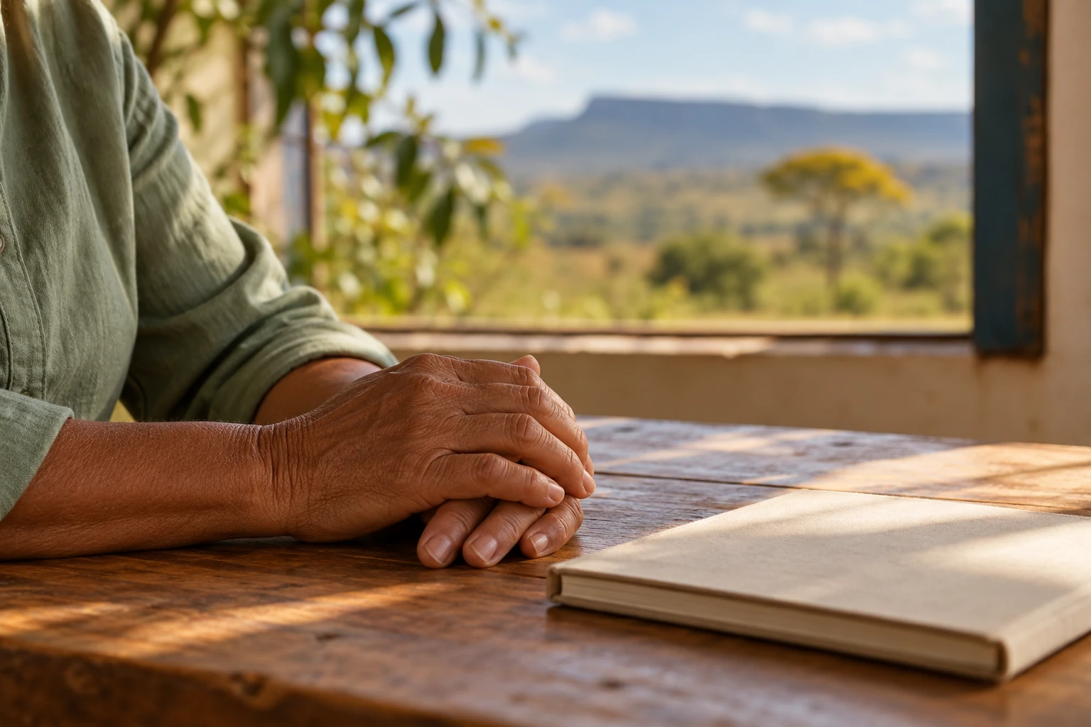 Mãos maduras em ambiente rural para representar a análise da atividade no campo