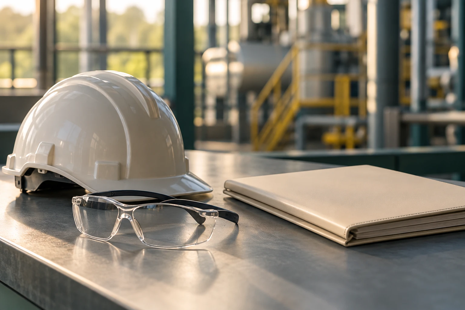 Equipamentos de proteção e pasta fechada em ambiente de trabalho técnico