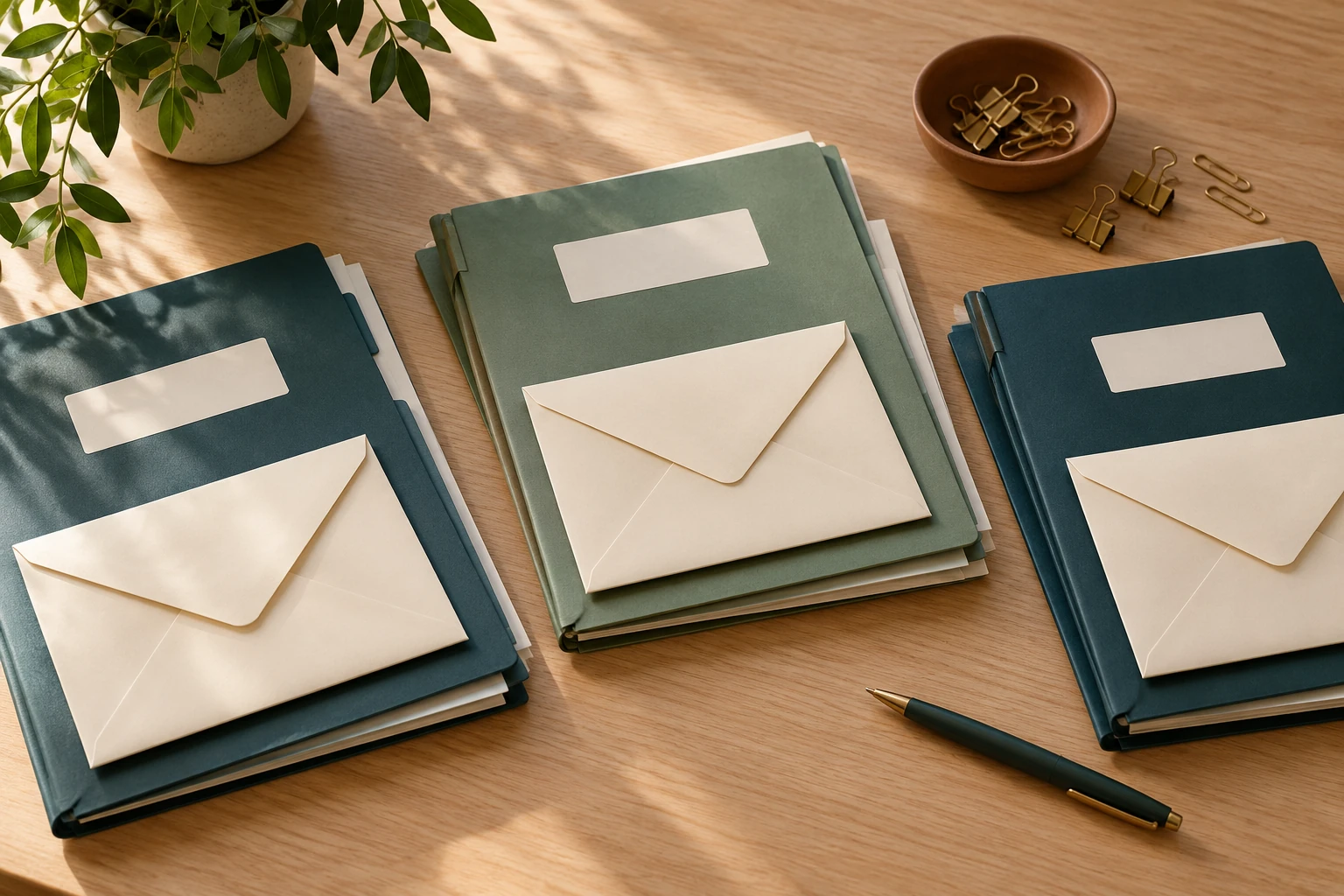 Pastas e envelopes com etiquetas vazias organizados sobre uma mesa
