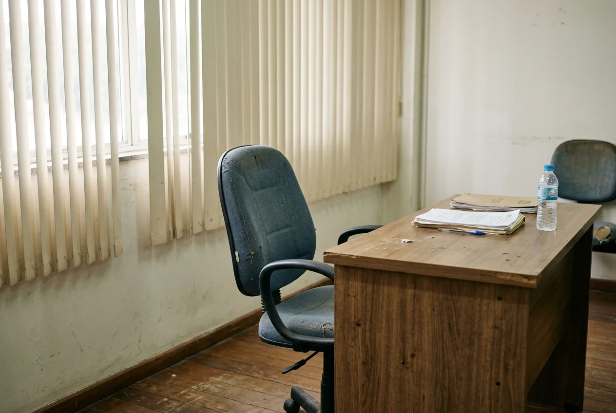Cadeira e mesa em uma sala de audiência ilustrativa