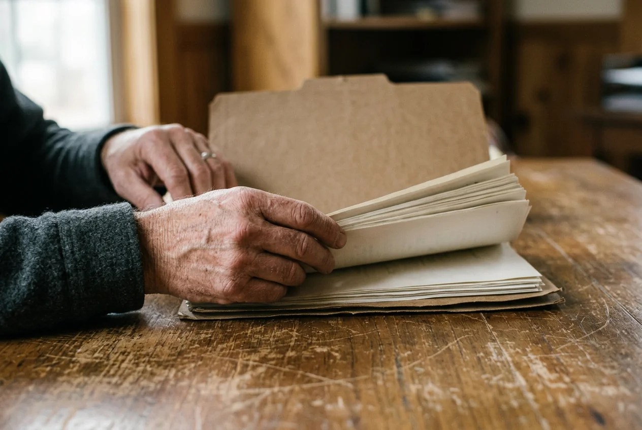 Mãos folheando documentos sem dados legíveis